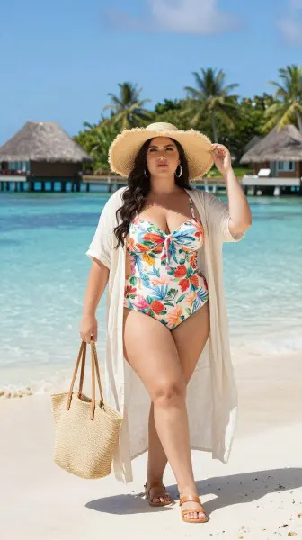 Floral swim dress outfit for plus size women.