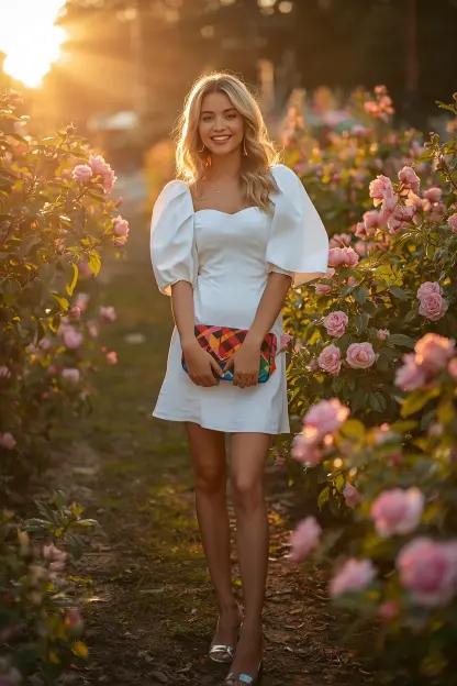 Woman in a white puff sleeve mini dress at a beautiful garden party.