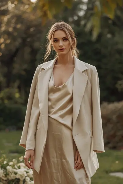 Champagne satin slip dress with a lightweight blazer.