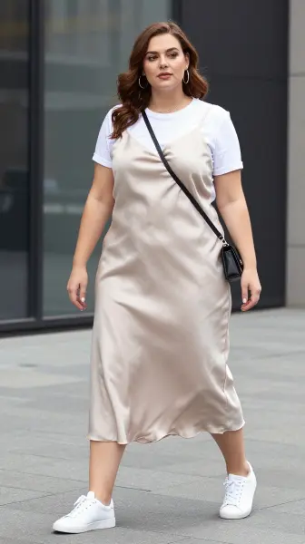 Satin slip skirt styled with a cotton tee.