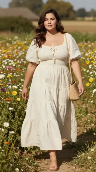 Tiered cotton maxi dress outfit for plus size women.