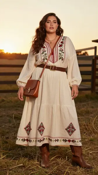 Western-inspired maxi dress for plus size women.