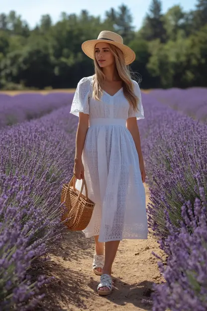 White eyelet dress styled with straw accessories for a garden party.