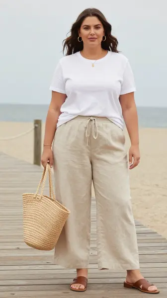 White t-shirt with linen pants for plus size women.