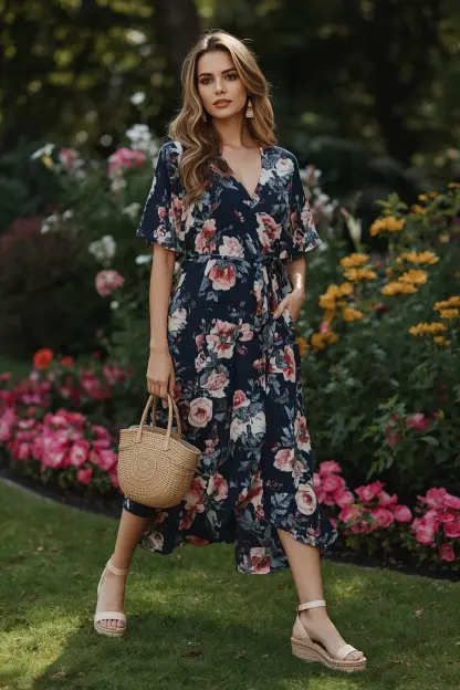 Floral wrap dress with espadrille wedges.
